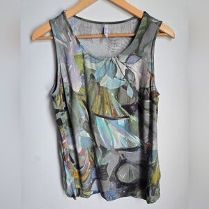 BLUE SKY Abstract Print Linen And Bamboo Sleeveless Top